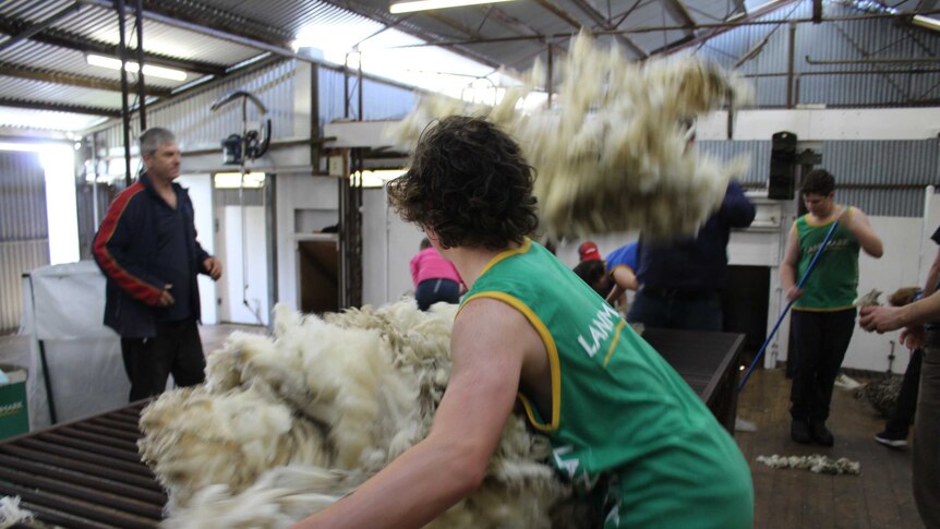 A dark-haired boy in a green singlet picks a fleece up off a table while another fleece is thrown in the background.