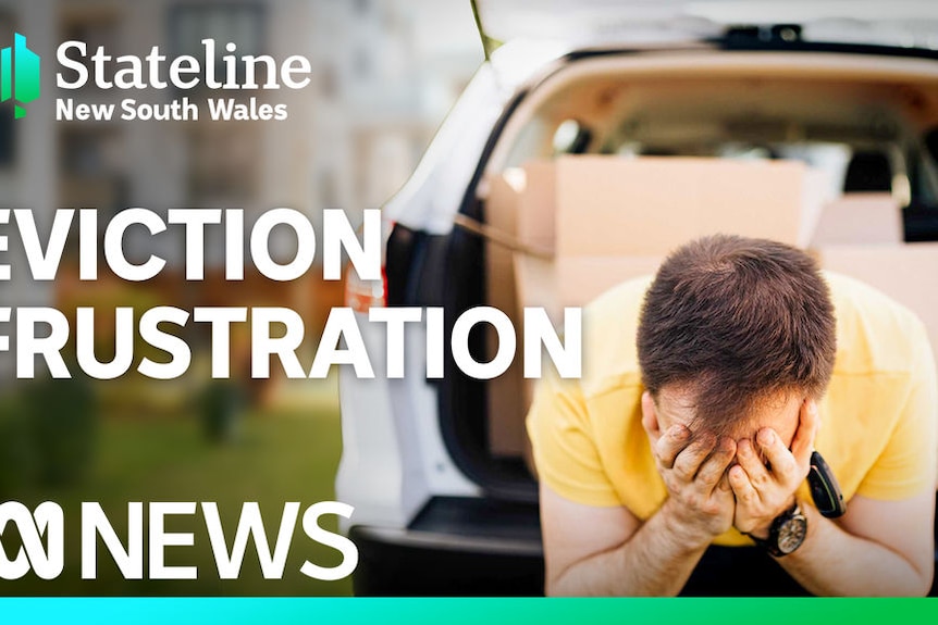 Eviction Frustration: A man sitting on the edge of his car with his head in his hands.