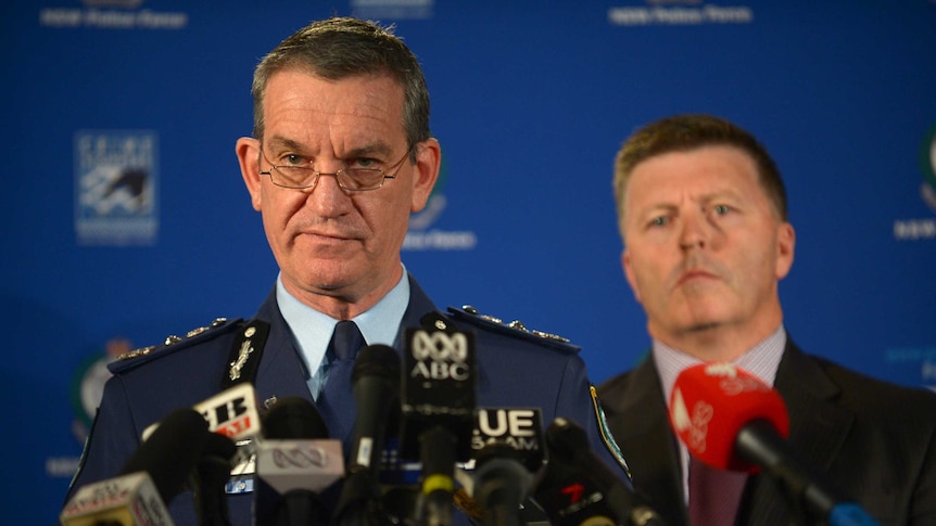 NSW Police Commissioner Andrew Scipione and NSW Police Minister Mike Gallacher speak to the media.