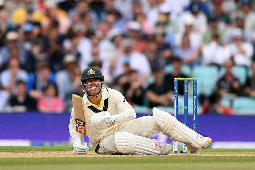 Australia batter David Warner sits on the pitch during an Ashes Test.