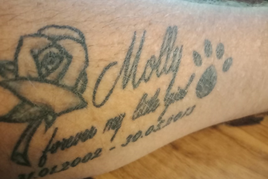 A tattoo of a rose with the word Molly and a paw print