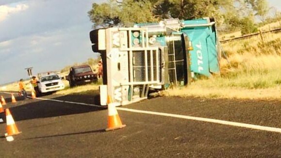 fierce wind storm caused a B-double truck to roll on its side