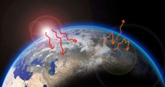 A diagram showing the Sun's rays entering the Earth's atmosphere and being trapped by greenhouse gases.