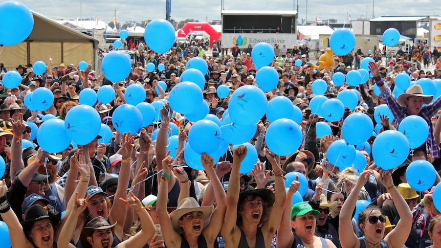 The crowd at Deni with their arms in the air holding blue balloons