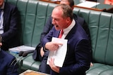 Barnaby Joyce points to a line graph showing growth following a trough, during Question Time.