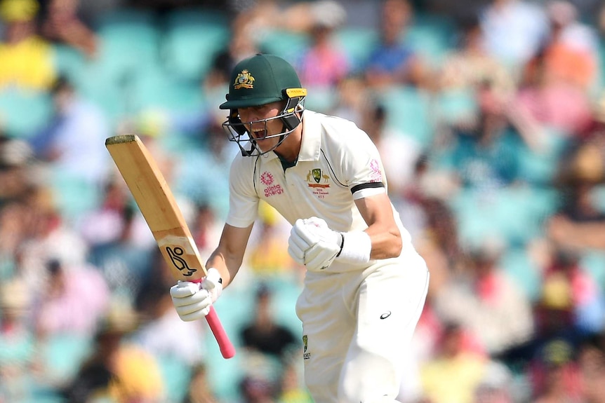 An Australian batsman pumps his fists and screams with joy after scoring a Test hundred.
