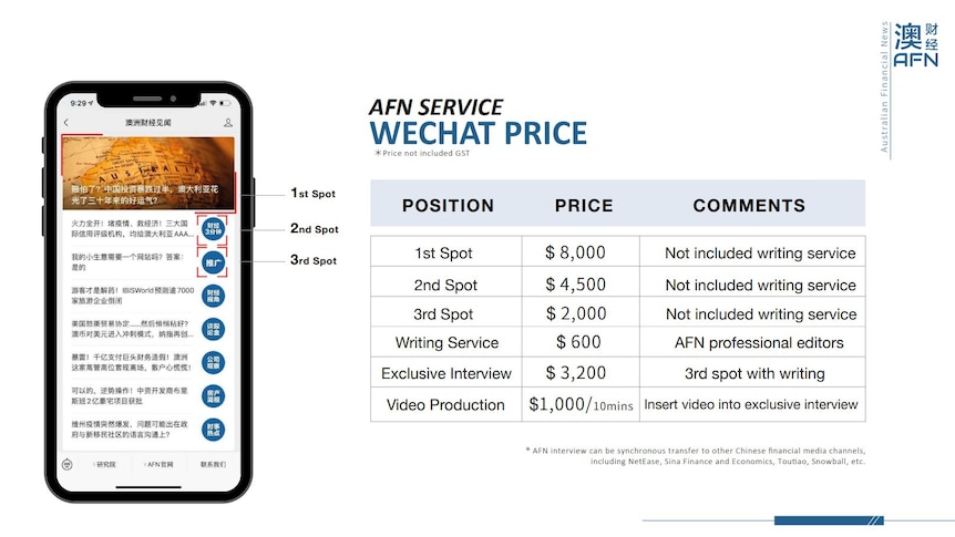 a pricing list showing eight thousand dollars for AFN services