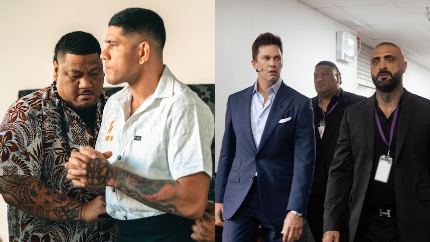 Two images next to each other - one of Alex Periera and one of Tom Brady, both with the same bodyguard.