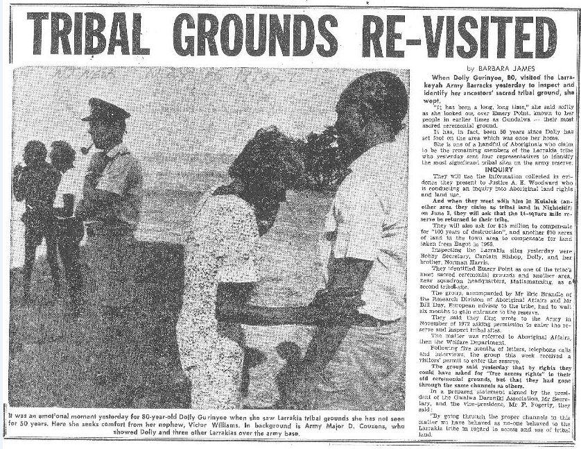 A copy of an old newspaper article that pictures Corporal Dolly visiting her traditional lands after 50 years away.