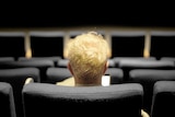 A person shown from the back of the head sits in a cinema