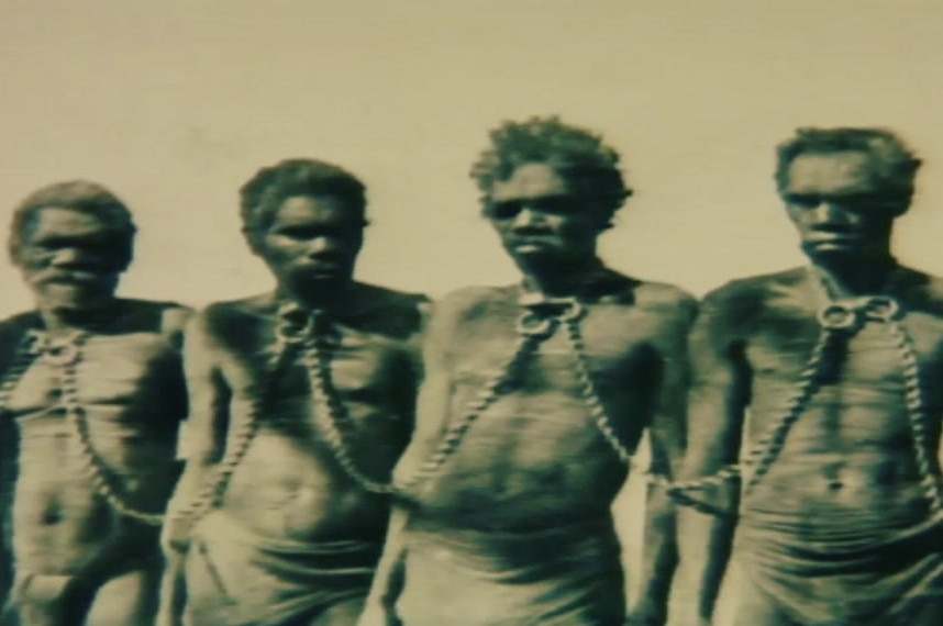 Aboriginal prisoners in chains around the 19th century.