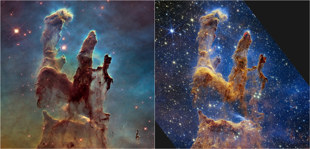 Two side-by-side photos show the same star formation of three pillars, but the left is more opaque. 