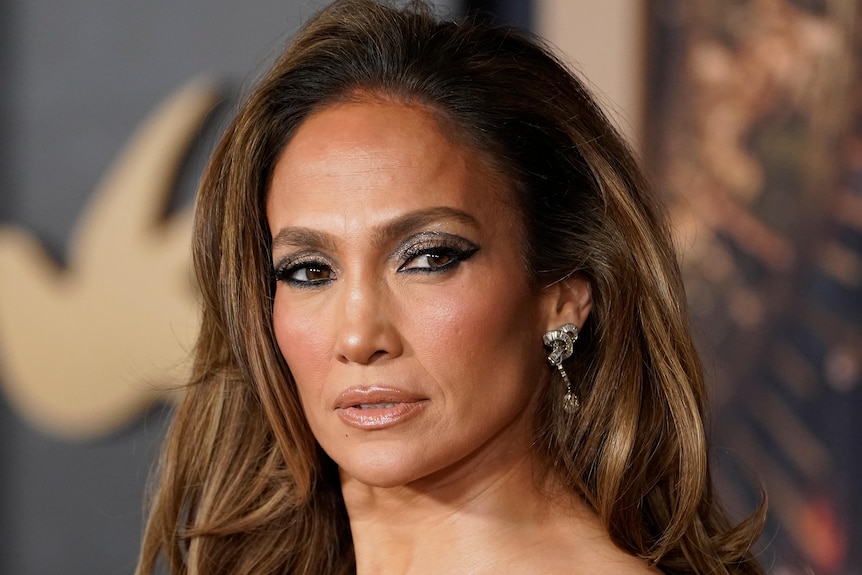 A close up image of Jennifer Lopez on a red carpet. 