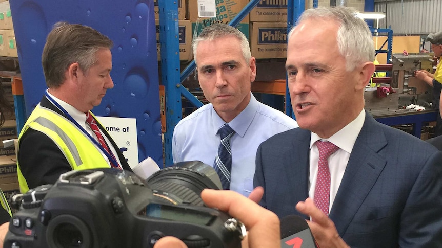 Prime Minister Malcolm Turnbull speaks to the media while at the Philmac fittings factory in Adelaide.