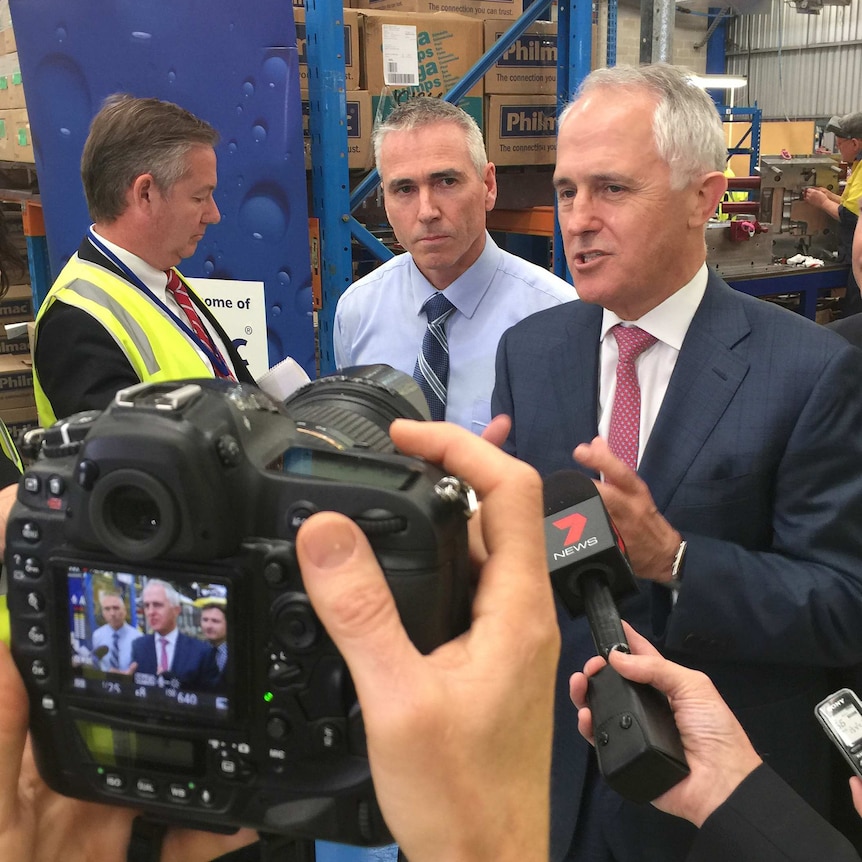 Prime Minister Malcolm Turnbull speaks to the media while at the Philmac fittings factory in Adelaide.