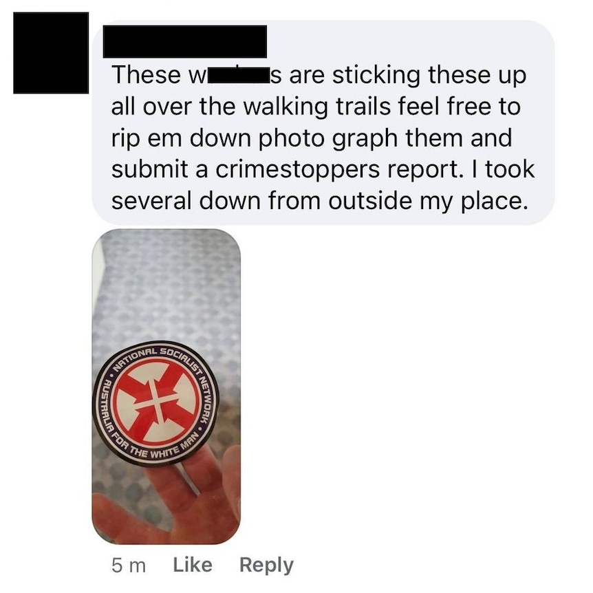 A social media post showing a white supremacists sticker stuck along a walking trail in The Grampians.