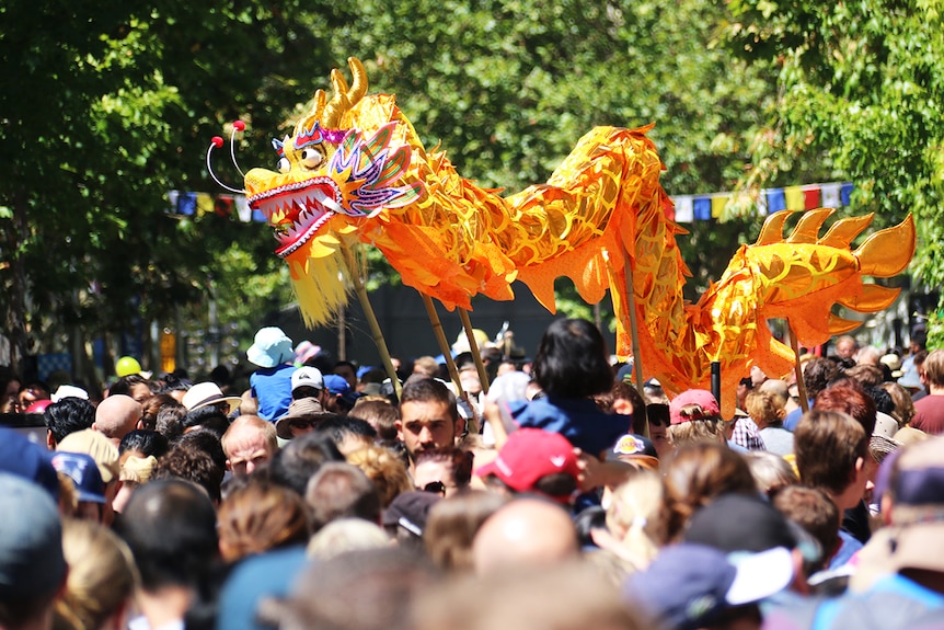 A brightly colored dragon puppet on sticks weaves above the heads of a group.