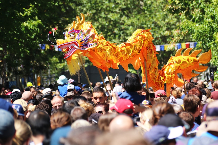 A brightly coloured dragon puppet on sticks weaves above the heads of a crowd.