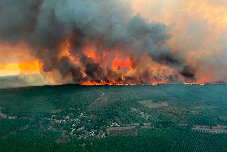 An aerial shot shows a wall of orange flames and smoke advancing across lush, green countryside.