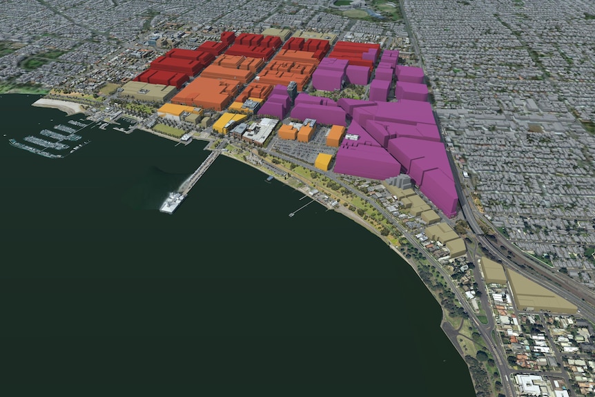 Graphic map of Geelong CBD showing colour coded heights of buildings if planning framework is not implemeted.