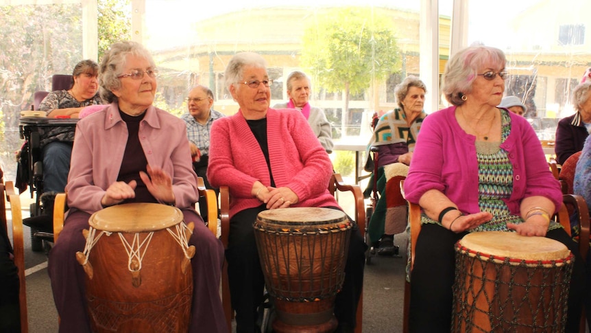 From left Laurie Bennett, Nerida Clark and Nolma Hadfield taking part in the African drumming in Glenorchy.