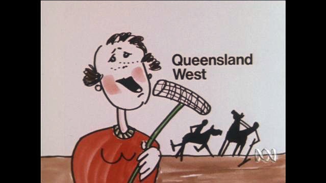 Cartoon of woman holding polo mallet with riders in background, text overlay reads 'Queensland West'