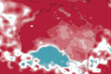 Map of Australia covered in red indicating hot day time temperatures