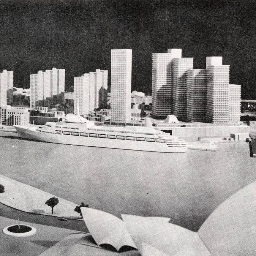 A black and white artists impression of the Rocks with multiple office buildings.