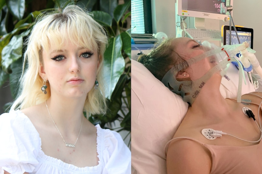 A composite image showing a portrait of Dakota at home, next to a photo of her with an oxygen mask in an intensive care bed.