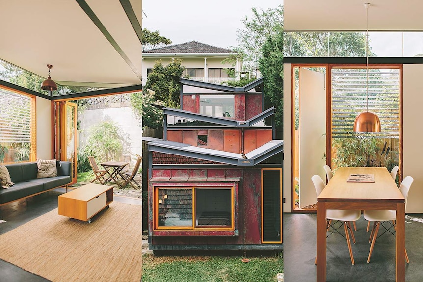 A composite image of the Copper House showing the outside, inside lounge and dining area.