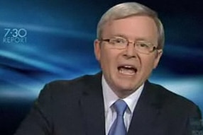Prime Minister Kevin Rudd reacts angrily during an interview by Kerry O'Brien on the 7.30 Report on May 12, 2010. (ABC News)