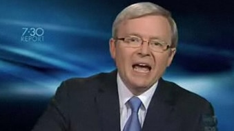 Prime Minister Kevin Rudd reacts angrily during an interview by Kerry O'Brien on the 7.30 Report on May 12, 2010.