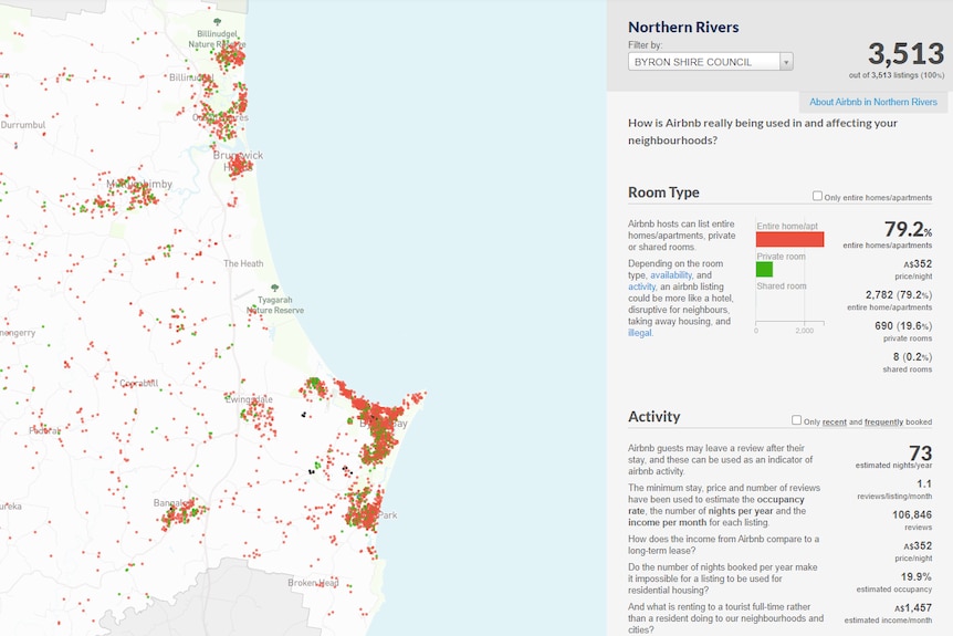 A map of Byron Bay with hundreds of red dots and a few green dots