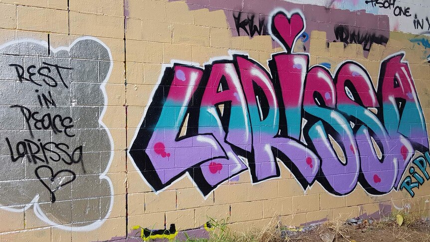 Graffiti on a wall commemorates Larissa Beilby