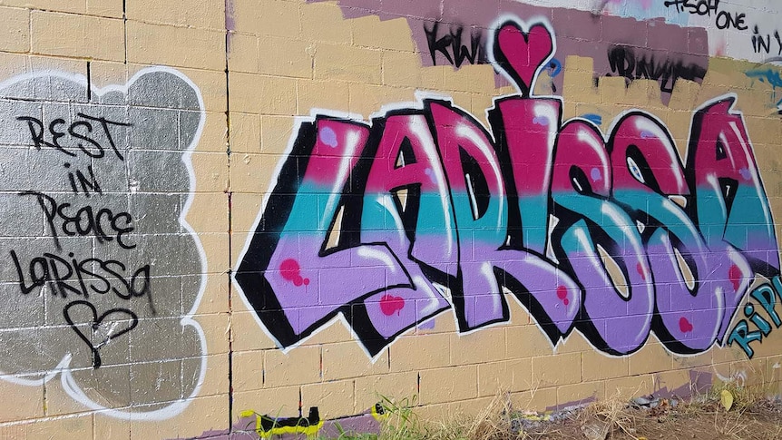 Graffiti on a wall commemorates Larissa Beilby