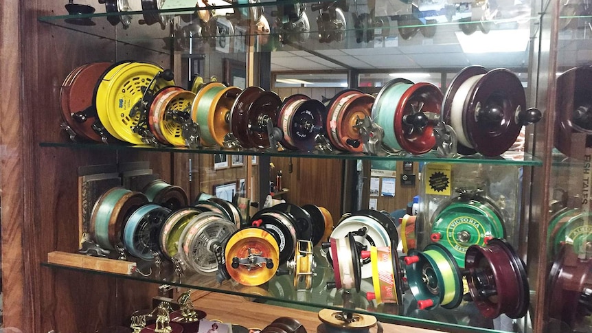 A range of historic Alvey reels displayed in a glass cabinet at the company's manufacturing facility at Carole Park at Ipswich.