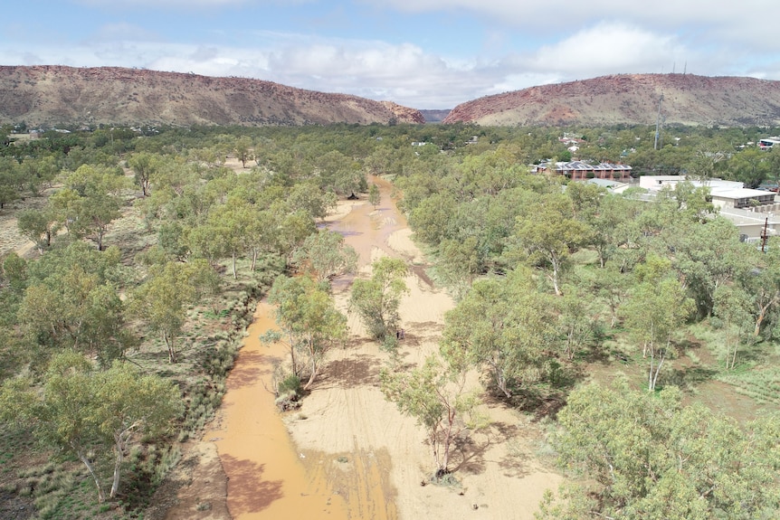 Water flowing flanked by dry creek beds and trees, photo taken from the air by a drone.