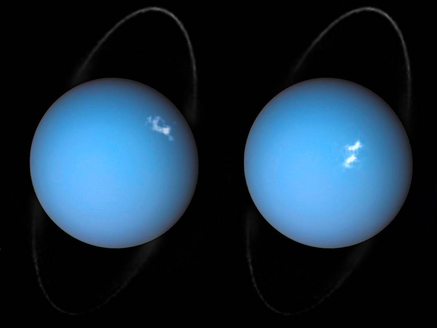 Two images of Uranus with aurora and rings