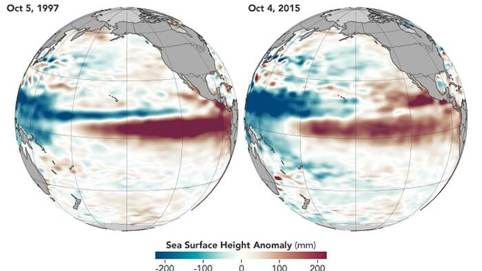 Maps comparing El Nino patterns in the Pacific Ocean in 1997 and 2015