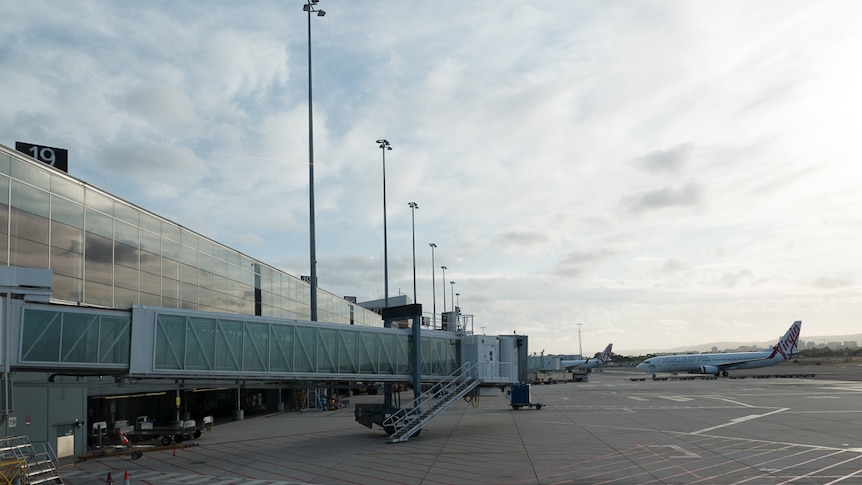 A plane readies to dock at one of the 14 air-bridges at the Adelaide Airport.