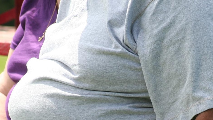 An unidentified obese man sits on a bench.