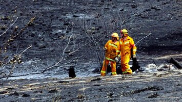 Two firefighters survey the blackened remains following the Bendigo fires, Februaru 10 (Getty Images: Scott Barbour)
