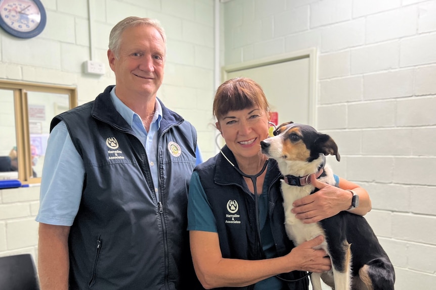 Man smiles next to woman wearing a stethoscope while holding a dog inside vet clinic room