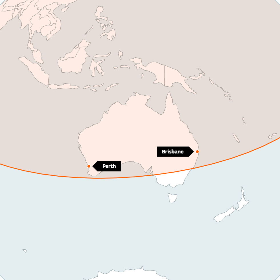 Red circle around North Korea shows the range of its 1st ICBM test. Most of Australia is inside, Brisbane and Perth marked