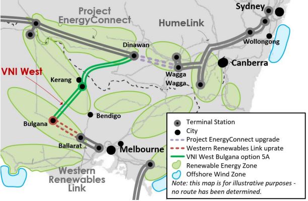 A map showing the VNI West route in green. It starts at Bulgana, Vic and ends at Dinawan, NSW, via an area south of Kerang.