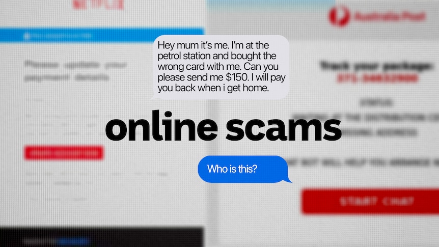 Screen shots of scam alerts and a text conversation with a scammer pretending to be a son needing $150 for petrol.