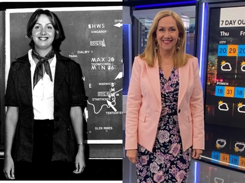 Composite image of black and white photo of female weather presenter in 1975 and colour photo of today.