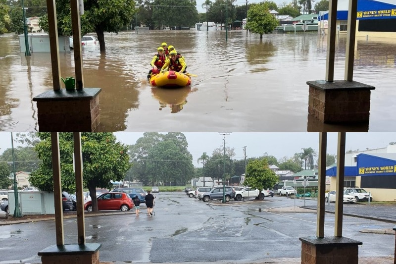 Laidley IGA during the flood with water out Friday and swiftwater crew on May 13, 2022 (top) and day after (bottom) with cars a