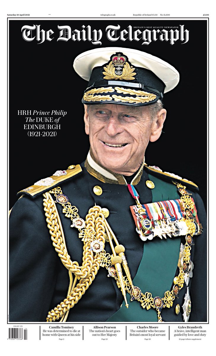 The front page of the UK newspaper The Daily Telegraph the day after the death of Prince Philip.