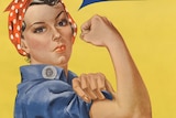 Painting of a woman in work overalls flexing her muscles